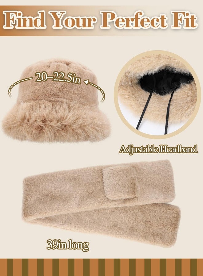 Beeplove Fur Winter Hat with Scarf for Women - Russian Style Fluffy Fuzzy Khaki Bucket Hat Gift for Christmas Girls - Image 3